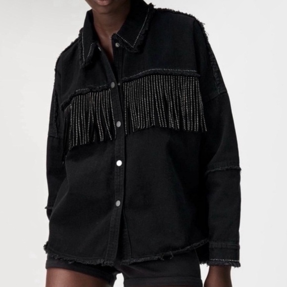 Zara Jackets & Blazers - Zara Rhinestone Fringe Studded Jean Jacket Black Women’s Size XS